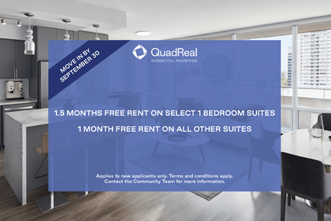 A room with a QuadReal advertisement offering free rent on select bedroom suites.