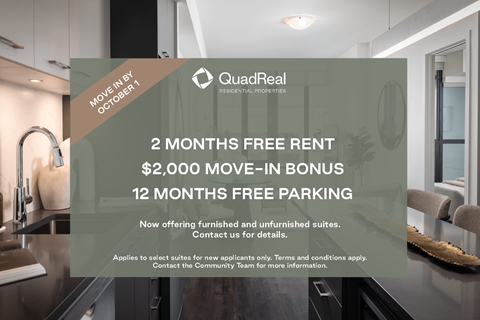 An advertisement for QuadReal REALTORS promoting a move-in bonus and free parking.