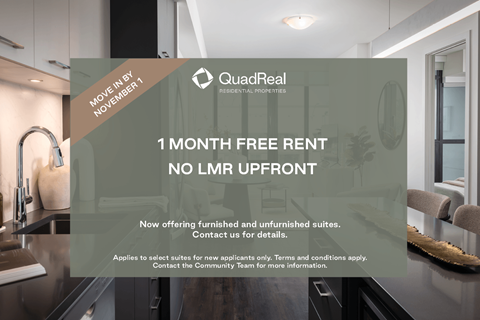 A modern kitchen with a countertop and a sink, and an advertisement for QuadReal Real Estate Properties offering 1 month free rent.