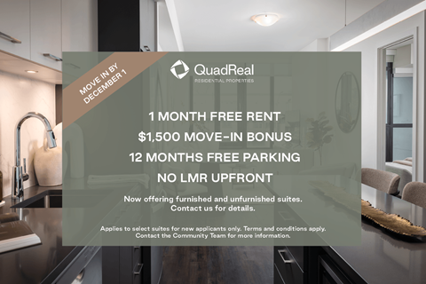 A QuadReal Real Estate advertisement offering a $1,500 move-in bonus and free rent for a month.