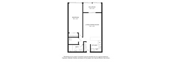 A floor plan of a small apartment with a living area, bedroom, and kitchen.