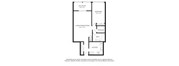 A floor plan of a house with a living room, dining room, kitchen, bathroom, bedroom, and storage.