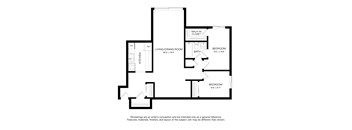 A black and white drawing of a house layout with a living/dining room, kitchen, two bedrooms, and a bathroom.