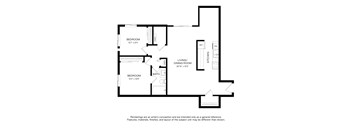 A black and white drawing of a house layout with two bedrooms, a living/dining room, a kitchen, a bath, and a laundry area.