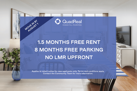 A blue advertisement board in a room offering free rent and parking.