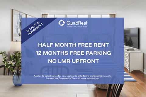 A blue advertisement board in a room offering free rent and parking.