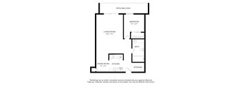 A floor plan of a home with a living room, dining room, kitchen, bath, and bedroom.