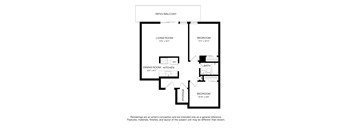 A black and white floor plan of a home with a living room, dining room, kitchen, two bedrooms, a bath, and a storage area.