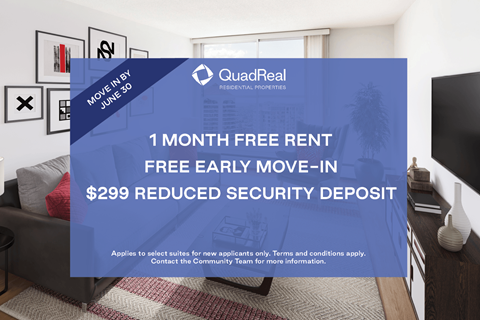 A room with a QuadReal advertisement offering a free month's rent and a reduced security deposit.