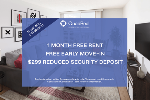 A promotional image for QuadReal Residential Promotions offering a free rent for the first month and a reduced security deposit.