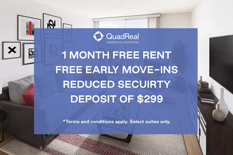 A room with a couch and a TV, advertising a 1 month free rent and other offers.