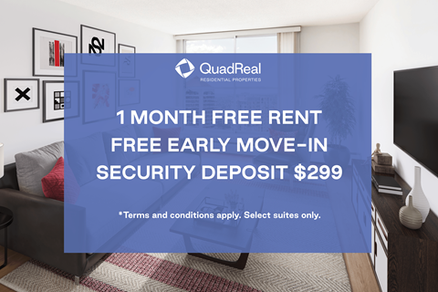 A living room with a couch and a TV, advertising a 1 month free rent and free early move-in security deposit.