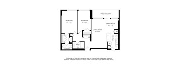 A black and white drawing of a house layout with a living room, two bedrooms, a powder room, a dining room, a kitchen, and a patio/balcony.