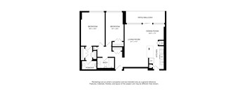 A black and white drawing of a house layout with a living room, two bedrooms, a dining room, a powder room, and a patio/balcony.
