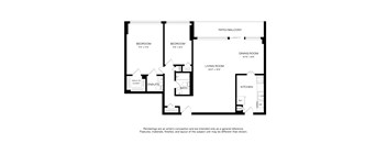 A black and white floor plan of a house with two bedrooms, a living room, a dining room, a kitchen, a bath, an en suite, and a walk-in closet.