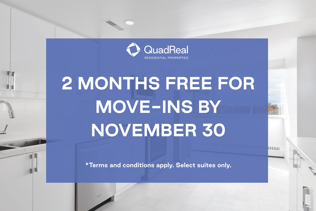 A QuadReal residential properties advertisement offering 2 months free for move-ins by November 30.