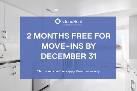 A QuadReal residential properties advertisement offering 2 months free for move-ins by December 31.