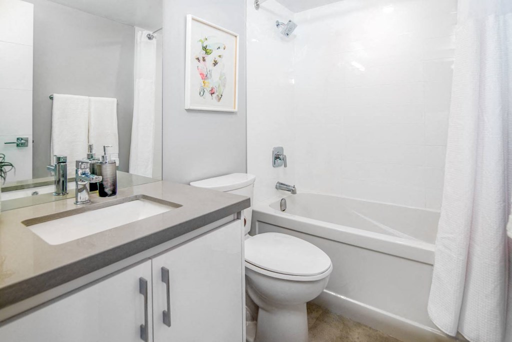 Bathroom with tub, toilet and vanity with white cabinets and granite counter top.