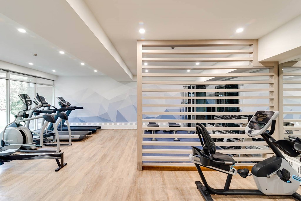 a gym with treadmills and dumbbells on a wooden floor