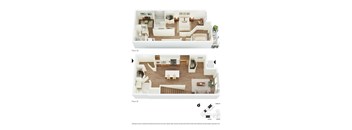 A floor plan of a two-story apartment with a living room, kitchen, and bedrooms.