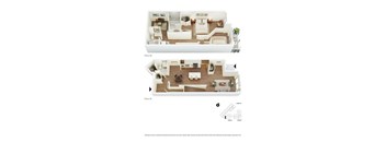 A floor plan of a two-story apartment with a living room, kitchen, and bedrooms.