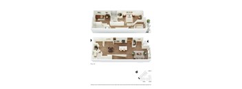 A floor plan of a two-story apartment with a living room, kitchen, and bedrooms.