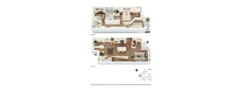 A floor plan of a two-story apartment with a living room, kitchen, and bedrooms.