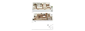 A floor plan of a two-story home with a living room, dining room, kitchen, and bedrooms.