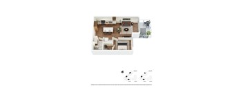 A floor plan of a house with a living room, dining room, kitchen, and two bedrooms.