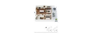 A top-down view of a house interior with a kitchen, living room, and dining area.
