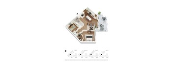 A floor plan of a house with different levels and furniture layouts.