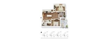 A floor plan of a house with four different levels of furniture layouts.