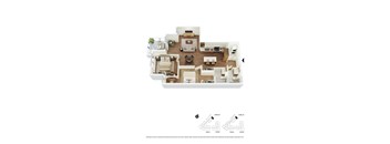 A diagram of a house with a living room, dining room, kitchen, and two bedrooms.