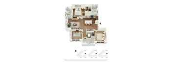 A floor plan of a two-level apartment with three bedrooms, two bathrooms, and a living area.