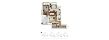 A floor plan of a house with four levels and furniture layout.