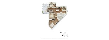A floor plan of a house with a living room, dining room, kitchen, and two bedrooms.
