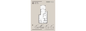 Floor plan of apartment A1 with one bedroom and one bathroom.