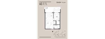 Floor plan of apartment A3 with 1 bed, 1 bath, and a total area of 476 sq.ft.