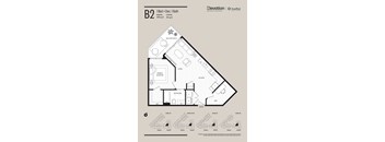 Floor plan of apartment B2 with 1 bed and 1 bath.