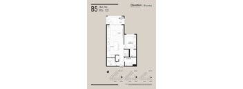 A floor plan for a one bedroom den with a kitchen and bathroom.