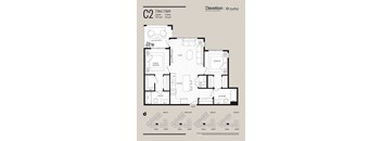 A floor plan for a 2 bedroom, 2 bath apartment with a living room, kitchen, and balcony.