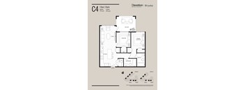 A floor plan for a 2 bedroom, 2 bath apartment with living room, kitchen, dining room, and balcony.