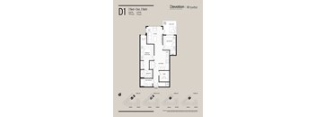 Floor plan of apartment D1 with 2 beds and 2 baths.