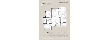 A floor plan for a 2 Bed + Den, 2 Bath unit.