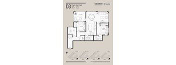 A floor plan for a 2 Bed + Den, 2 Bath apartment.