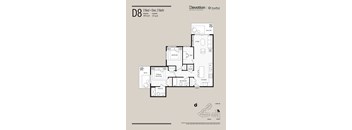 A floor plan for a 2 Bed + Den, 2 Bath apartment.