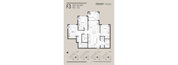 A floor plan for a 3 Bed + Den, 2 Bath apartment.