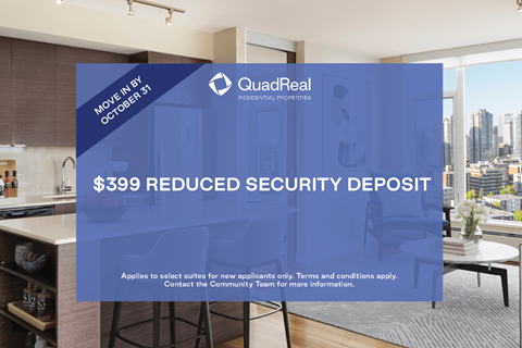 A kitchen with a sign that says "Moved in by October, $399 reduced security deposit" on the wall.