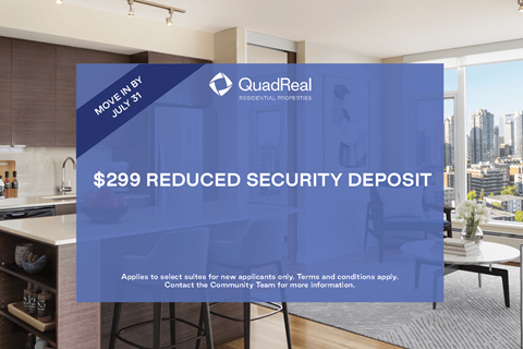 A promotional image for QuadReal REIT featuring a reduced security deposit offer.