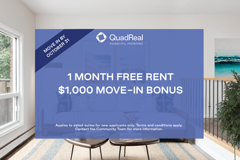 A QuadReal advertisement offers a $1,000 move-in bonus and a free month's rent.